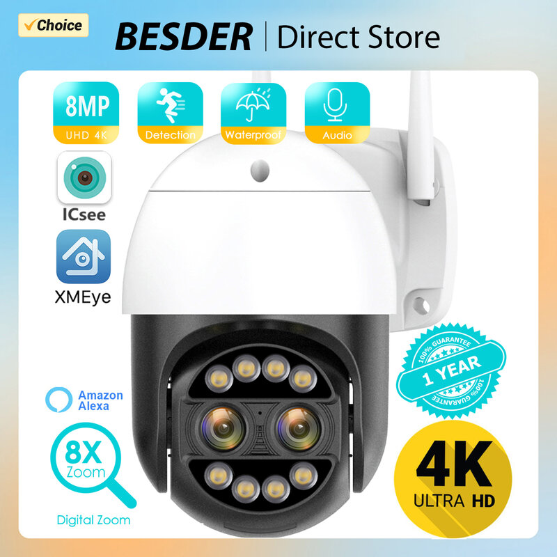 كاميرا مراقبة بالفيديو Besder-ptz ip mp ، 4k ، 8x ، تكبير هجين ، io + 12 ، عدسة مزدوجة ، wifi ، كشف بشري ، صوت وأمن