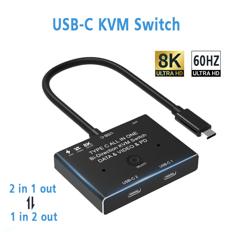KVM USB C Sakelar Dua Arah 1x 2/2X1 USB 3.1 Pemisah Data Video Switcher 8K @ 30Hz PD 100W untuk Monitor PC Ponsel Multi-sumber