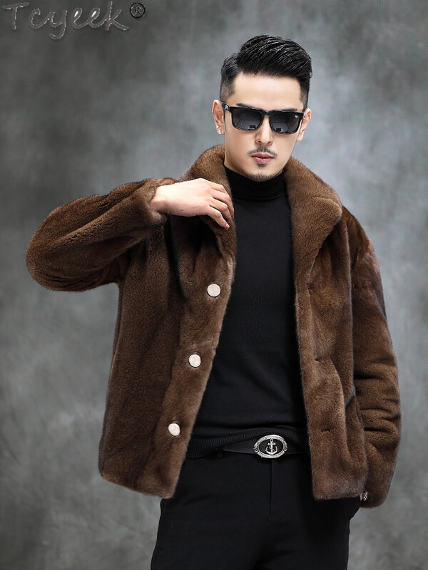 Зимняя теплая норковая Меховая куртка Tcyeek 2023, кофейное мужское меховое пальто, настоящая Короткая свободная натуральная цельная норковая шуба, роскошное пальто