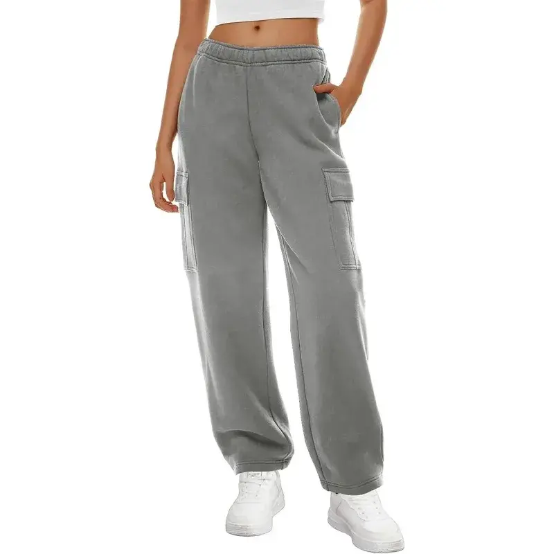 Pantalon de survêtement cargo pour femme avec poches, monochrome, élastique, taille haute, salle de sport, entraînement, Fjadt, pantalon décontracté, YDL35