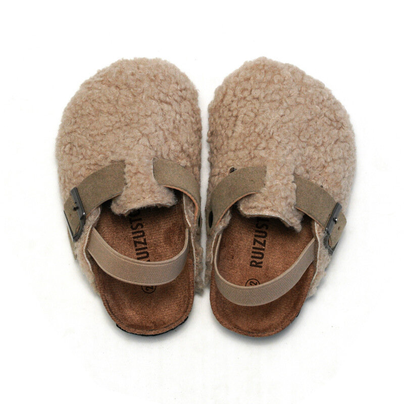 Sandalias peludas cálidas para niños y niñas, zapatos planos de piel sintética de corcho, con correa trasera elástica