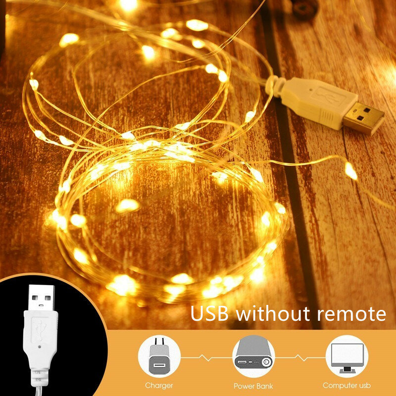 Copper Wire String LED Lights, Festão ao ar livre, Decoração de Natal, USB, 5m-30m, 2022