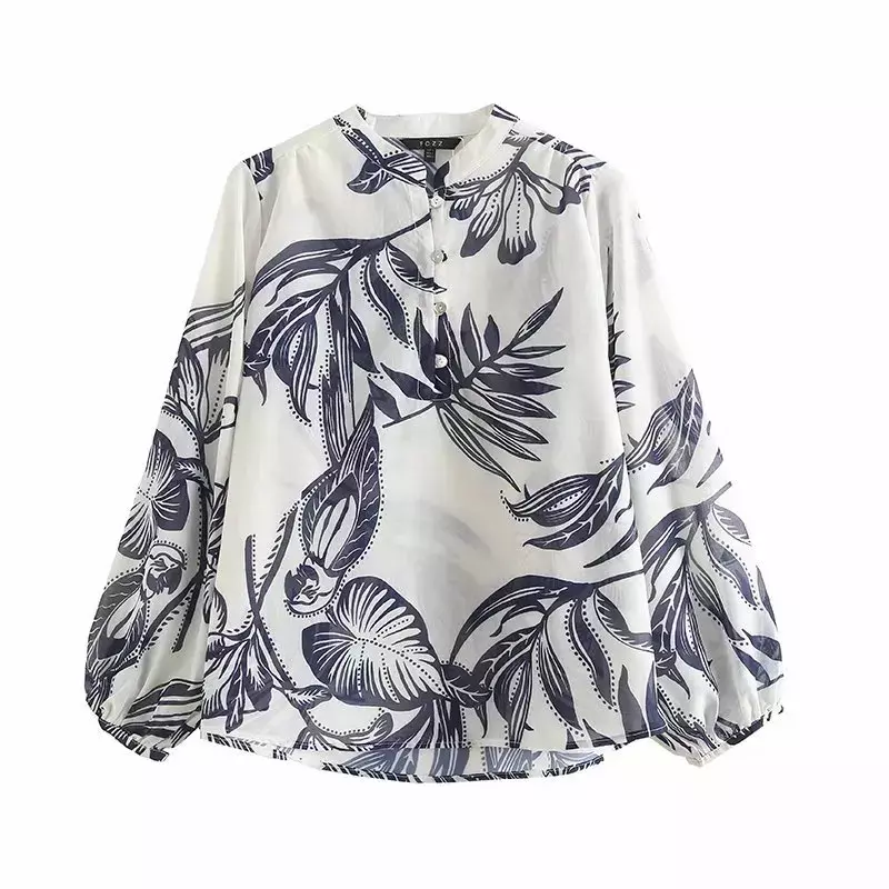 Blusa larga con estampado de hojas sueltas para mujer, camisa de manga larga con botones, estilo Retro, a la moda, 2023