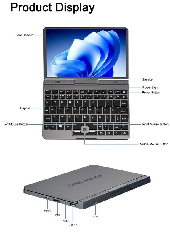 CRELANDER P8 Mini Laptop 8 Inch Touch Screen Intel Lake N100 12GB DDR5 WiFi 6 2 In 1 Laptop Notebook Tablet PC Pocket Laptop