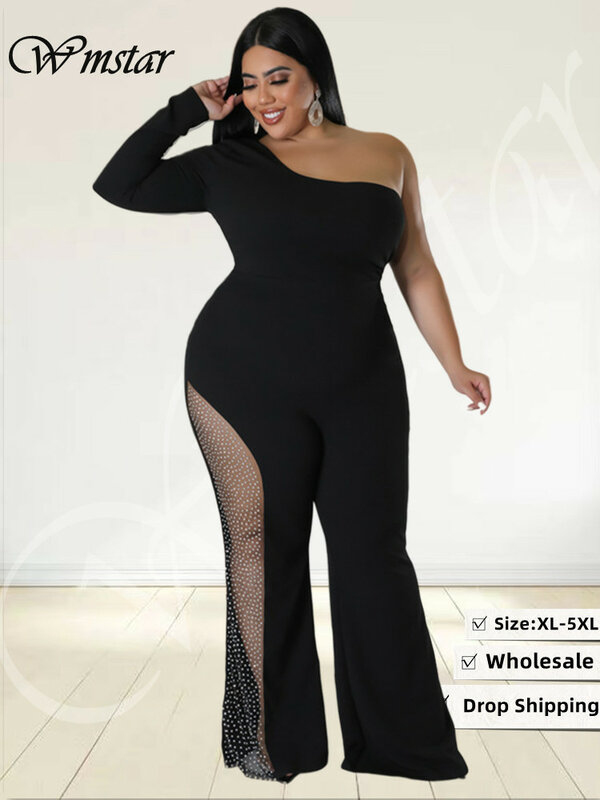 Wmstar Plus Size abbigliamento donna tuta Solid Single Sleeve Fashion Sexy Mesh Side Patchwork pagliaccetto Dropshipping all'ingrosso 2022