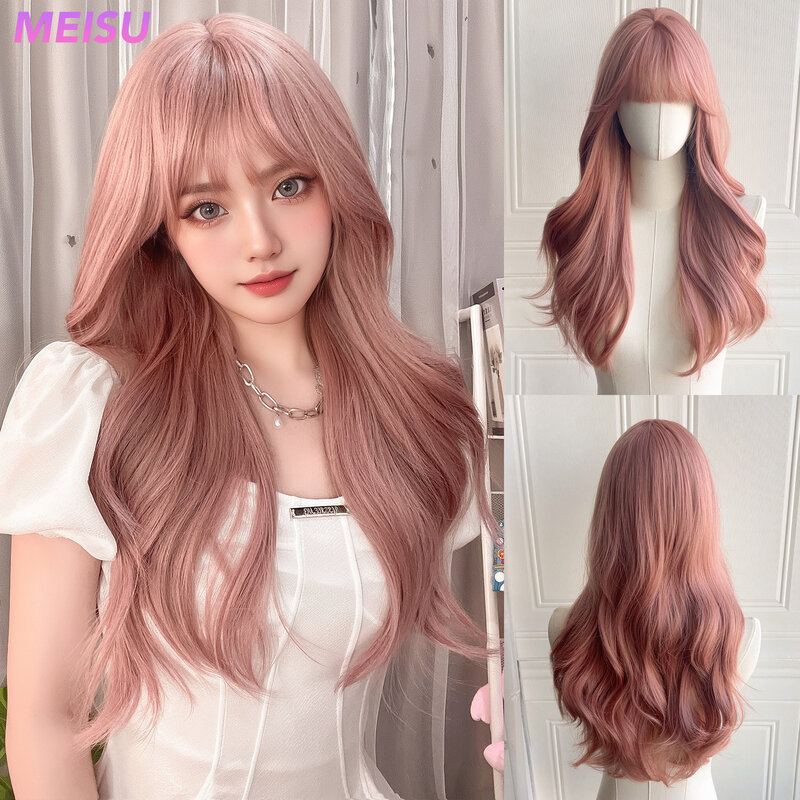 MEISU-perucas encaracoladas marrom rosa com ar para mulheres, perucas de fibra sintética, resistente ao calor, festa natural ou selfie, 24 in