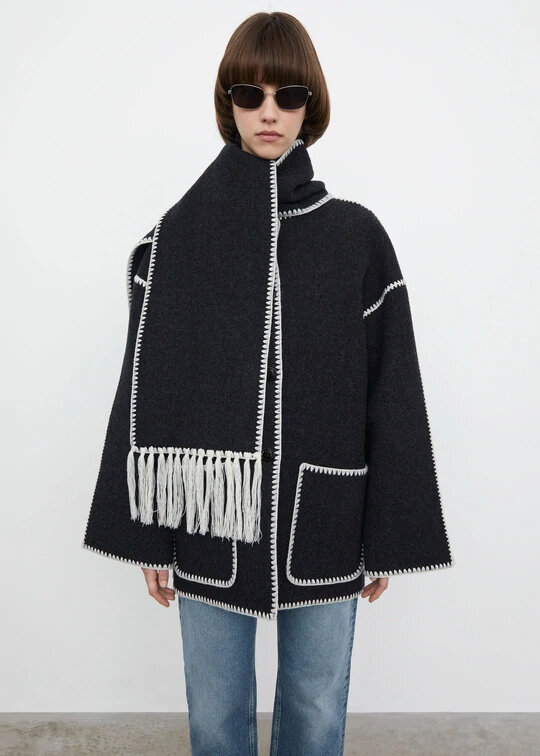Casaco de gola de cachecol nórdico feminino, bordado concha, borda de franja, lã, contraste, quente, 2023