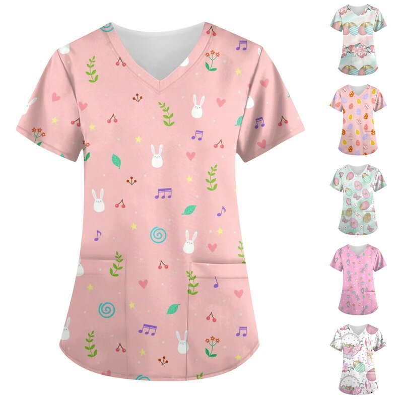 Easter Print Scrubs Top Women Pockets V-Neck Scrub Uniforms Grooming Nurse Spa Caring Shirt Uniformes De EnfermeríA Para Mujer