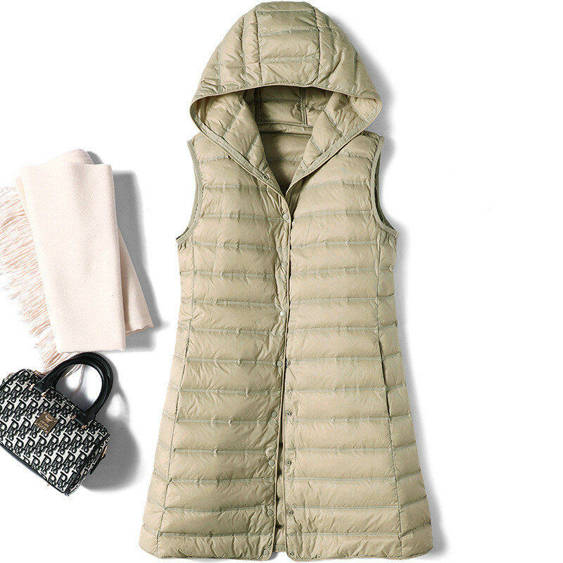Chaleco largo con capucha para mujer, chaqueta ultraligera de plumón de pato blanco, Parkas cálidas sin mangas delgadas, Otoño e Invierno