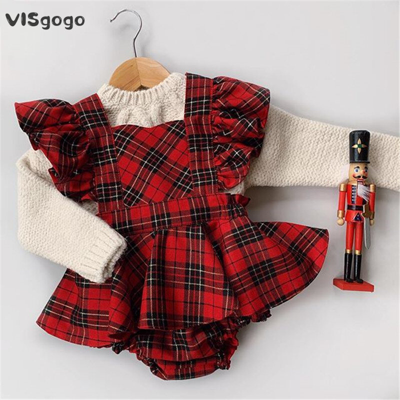 VISgogo 0-24M Baby Girls Boys Xmas Rompers Dress Plaid Print Ruffles Short Sleeve Backless Jumpsuits + Bow Headband Outfit