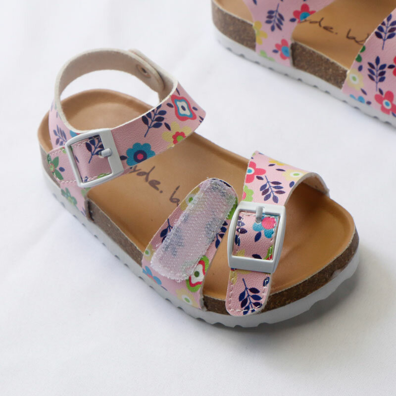 Sandales d'été imprimées en cuir PU pour filles, chaussures plates ouvertes avec bouchons, pour l'école, pour tout-petits de 2 à 12 ans
