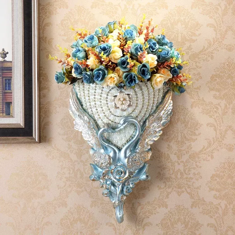 European Ancient Luxury Diamond Resin Vase Ornanents Home Wall Hanging Flowerpot Crafts Livingroom Desktop Figurines Decoration