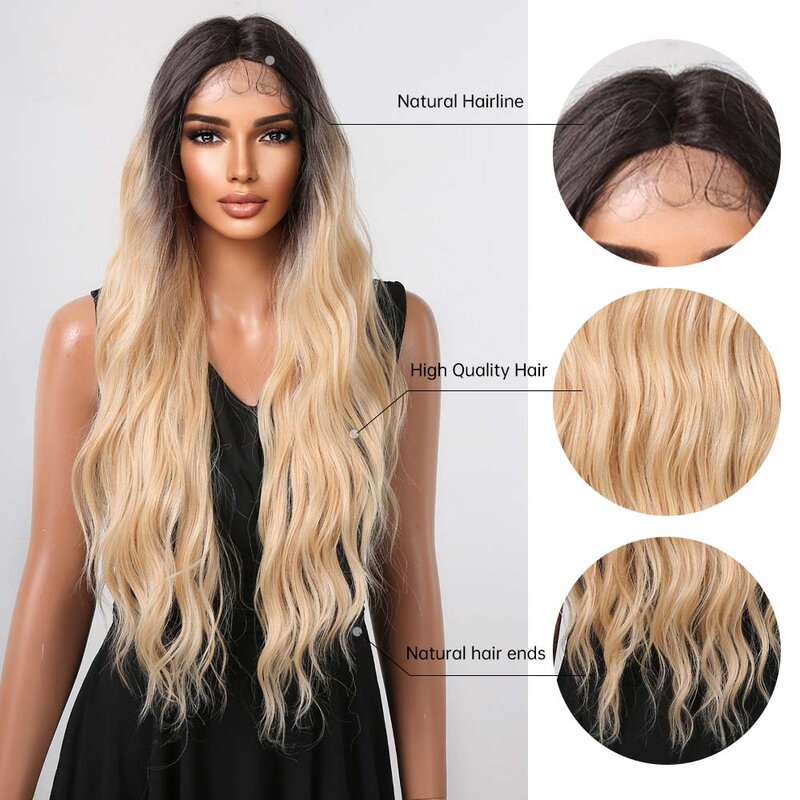 HAIRCUBE Long Wavy Lace Front Synthetic Hair Ombre Black Blonde Wigs for Women 28 Inches High Temperture Daily Cosplay Wigs Hair