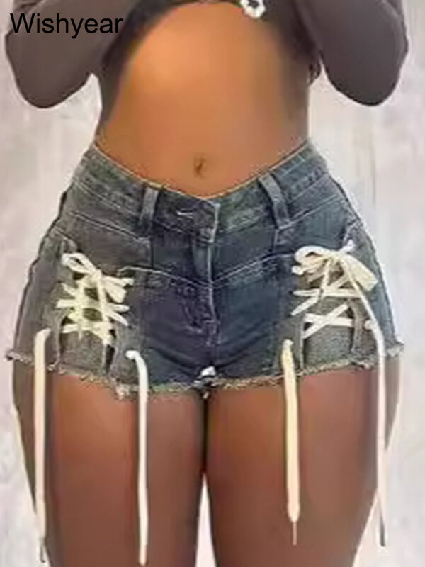 Fashion Lace-Up Bandage Blue Stretch Denim Shorts for Women Summer Casual Skinny  Short Jeans Sexy Beach Night Club Outfits