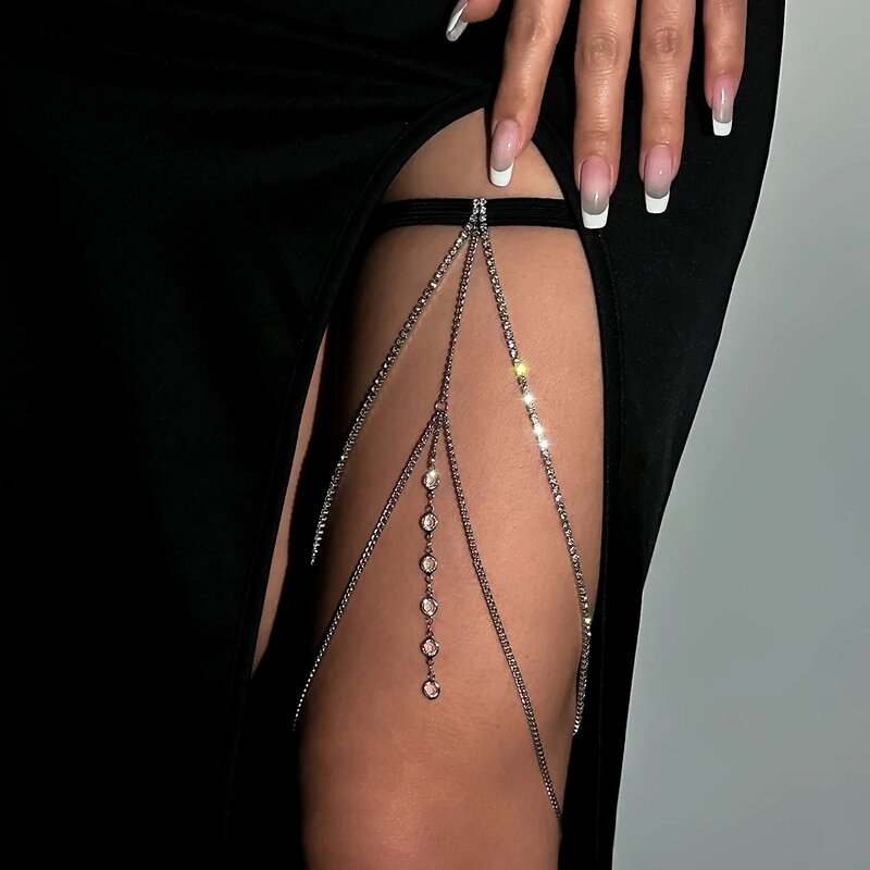IngeSight.Z kristal Bohemian rantai paha kaki elastis untuk wanita seksi multilapis rumbai berlian imitasi Harness perhiasan tubuh dapat disesuaikan