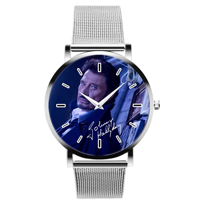 Jam tangan Johnny Hallyday, gelang Stainless Steel tali jala Quartz hadiah penggemar