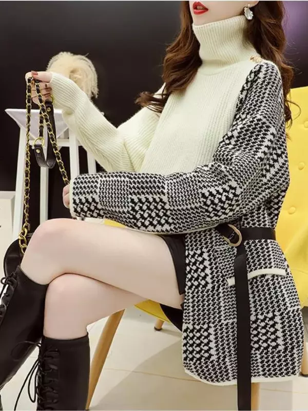 Zimowa nadwymiarowy sweter damska koreańska projektantka mody w Houndstooth sznurowana golf dzianinowe swetry eleganckich damskich swetrów
