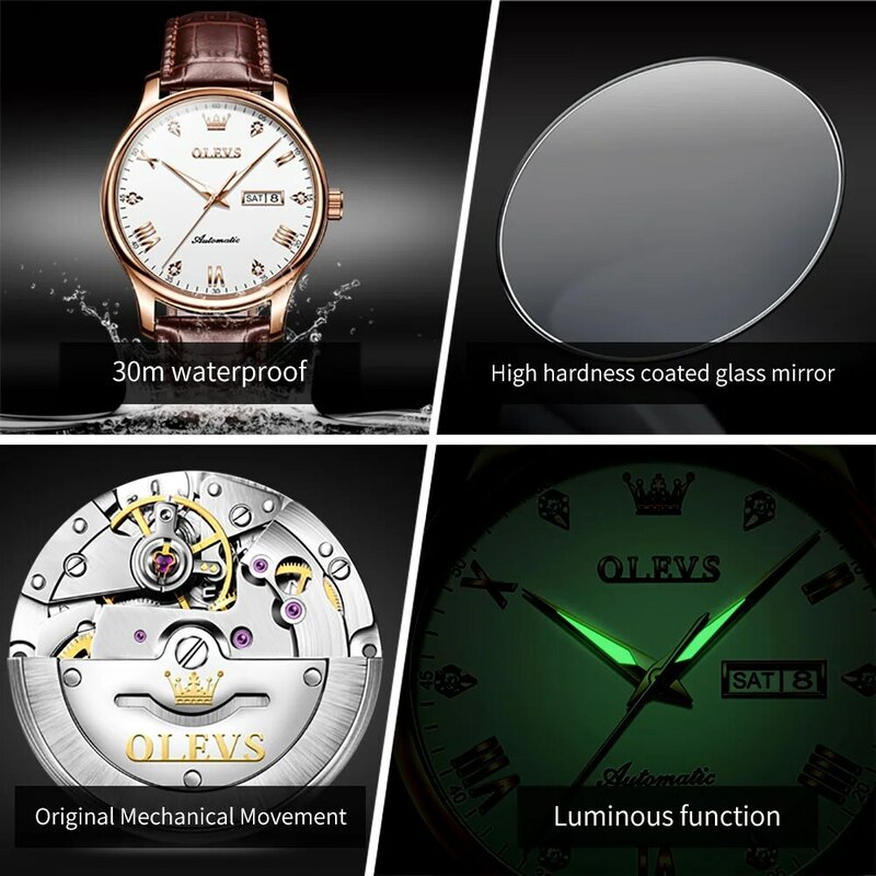 2024 nuovi orologi da uomo d'affari originali OLEVS orologio meccanico automatico orologio da polso con calendario impermeabile in pelle di lusso