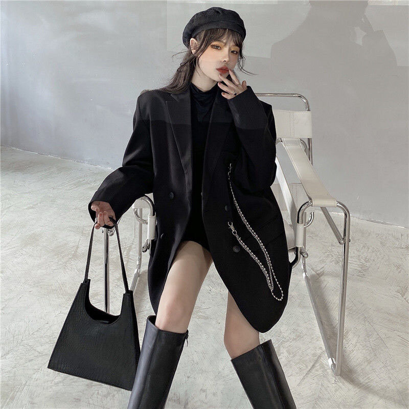 Blazer solto de peito duplo para mulheres, rua coreana, terno de manga comprida, gola preta entalhada, outerwear feminino, moda, 2023