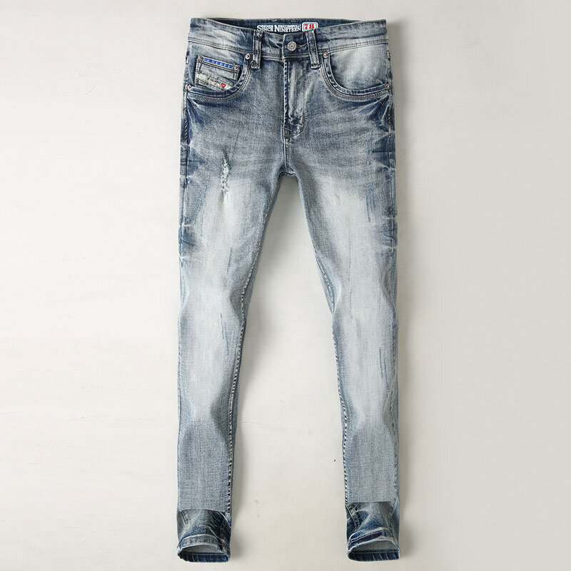 Fashion desainer Italia celana Jeans pria Retro abu-abu biru polos dicuci elastis meregang ramping Jeans robek celana Denim antik pria Hombre