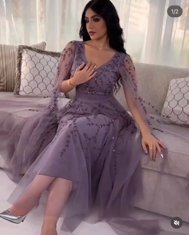 Dream Evening Dress 2023 Elegant Purple Tulle Evening Gowns Decal A-line V-neck Long Sleeve Prom Dresses فساتين مناسبة رسمية