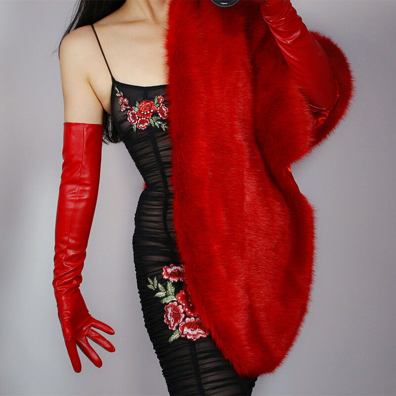 DooWay Women's Hot Red Long Leather Opera Gloves Soft Faux Sheepskin Fashion Halloween Costume Cosplay Wedding Evening Gloves