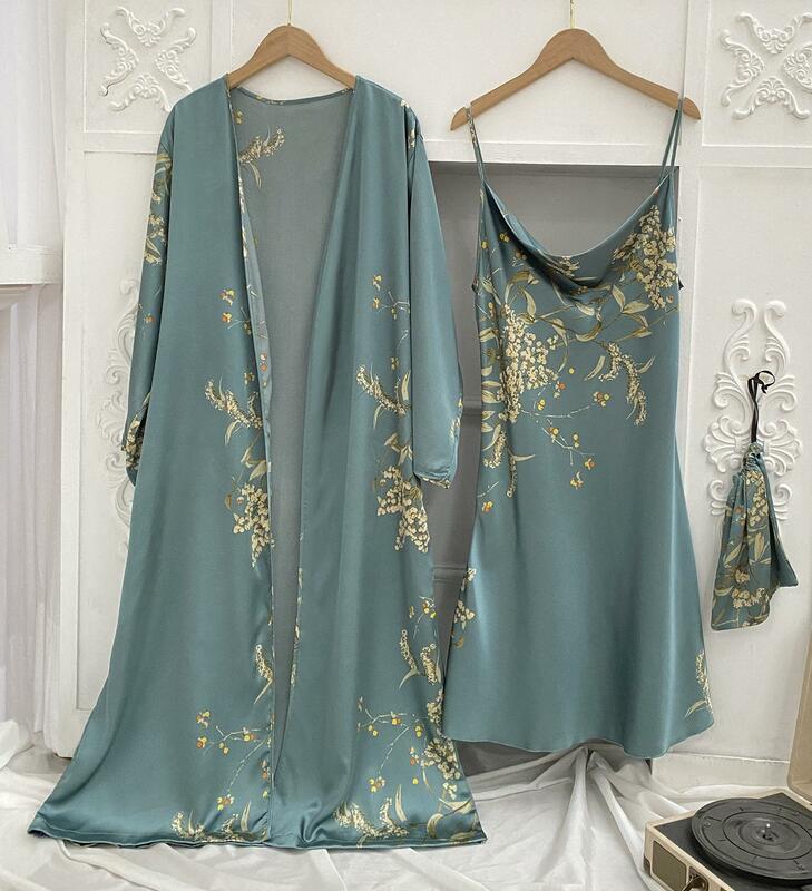 Bedrukt 2 Stuks Slaapjas Dames Bruids Kimono Badjas Jurk Lingerie Satijnen V-Hals Nachtkleding Nachtkleding Loungewear