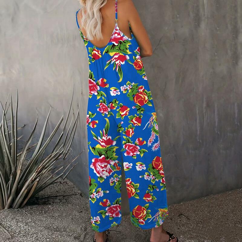 Women Summer Jumpsuit Elegant Floral Print V Neck Jumpsuit with Wide Leg Side Pockets Chinese Northeast Style Lady for Vacation