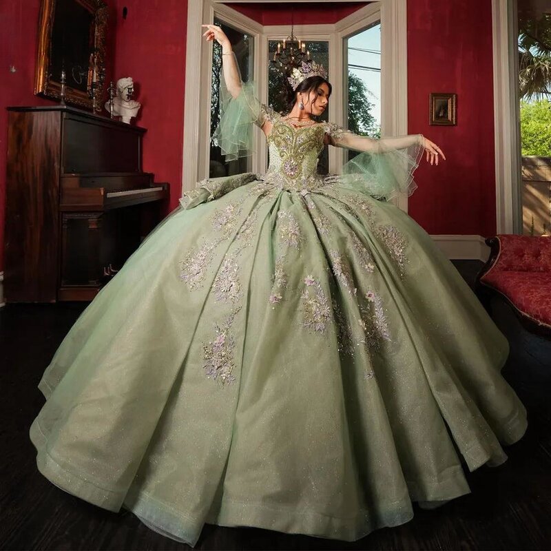 Von der Schulter Langarm Quince anrra Ballkleider grün Luxus Prinzessin lange glänzende Perlen Kristall süß 16 Kleid Vestidos