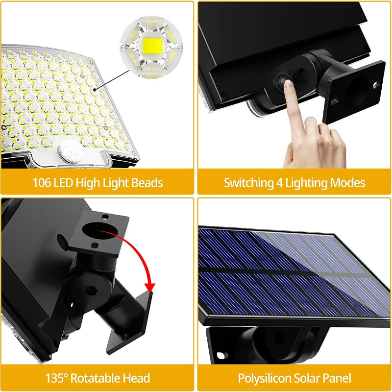 Luz solar ao ar livre com sensor de movimento, holofote impermeável, controle remoto, 3 modos, pátio, garagem, quintal, 106LED