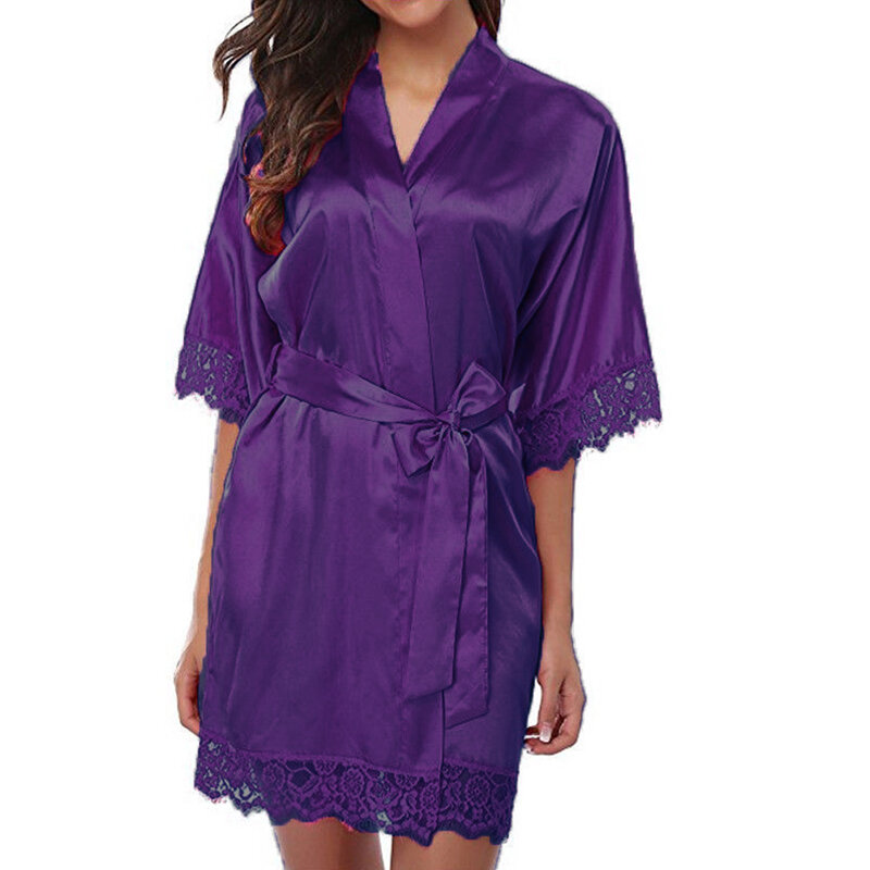 Sexy Women's Silk Lace Stitching Lingerie Half Sleeve French Romance Bathrobe Sleepwear Robe Dress Female Nightgown Nightwear