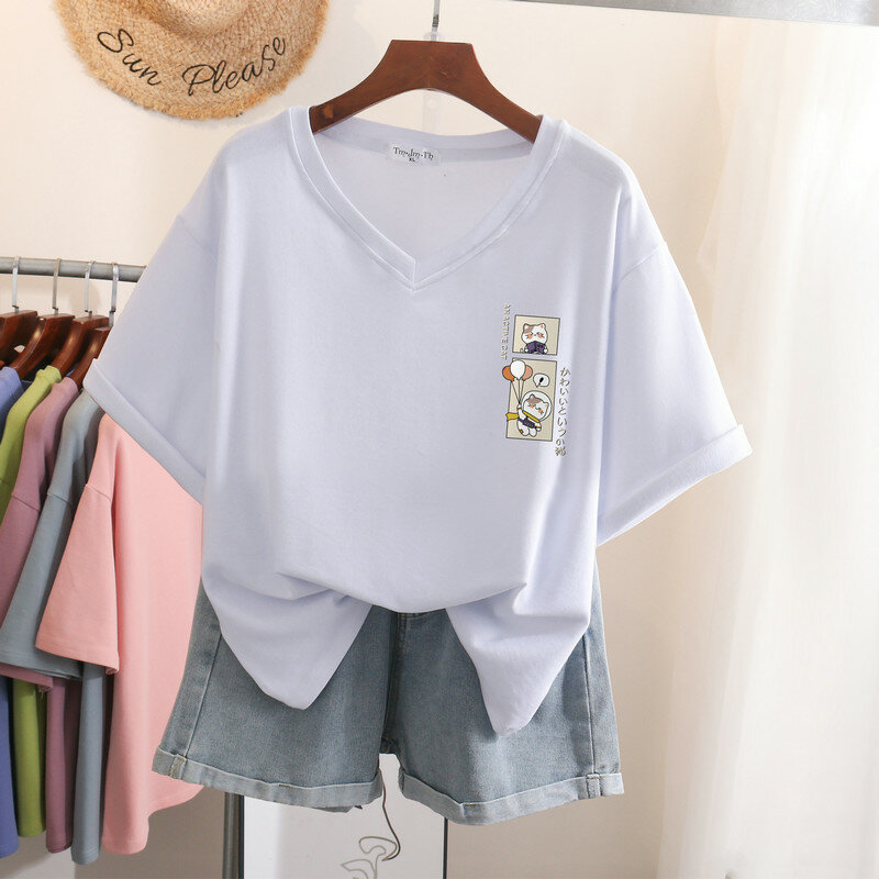 EBAIHUI-Camiseta de L-6XL 100% de algodón para mujer, camiseta de talla grande, Top de manga corta para mujer, camisetas de talla grande con cuello en V con estampado de dibujos animados de Japón