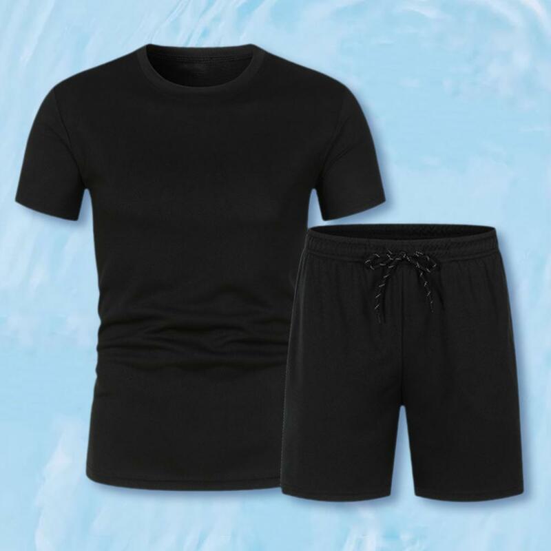 Conjunto esportivo masculino de 2 peças, camiseta de manga curta, shorts de bolso, roupa com o pescoço, verão