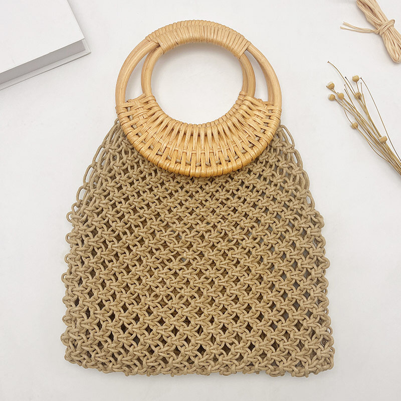 Плетеная Сумка для женщин, круглая вязаная крючком сумка из лески, плетеная сумка ручной работы, ажурная соломенная сумочка