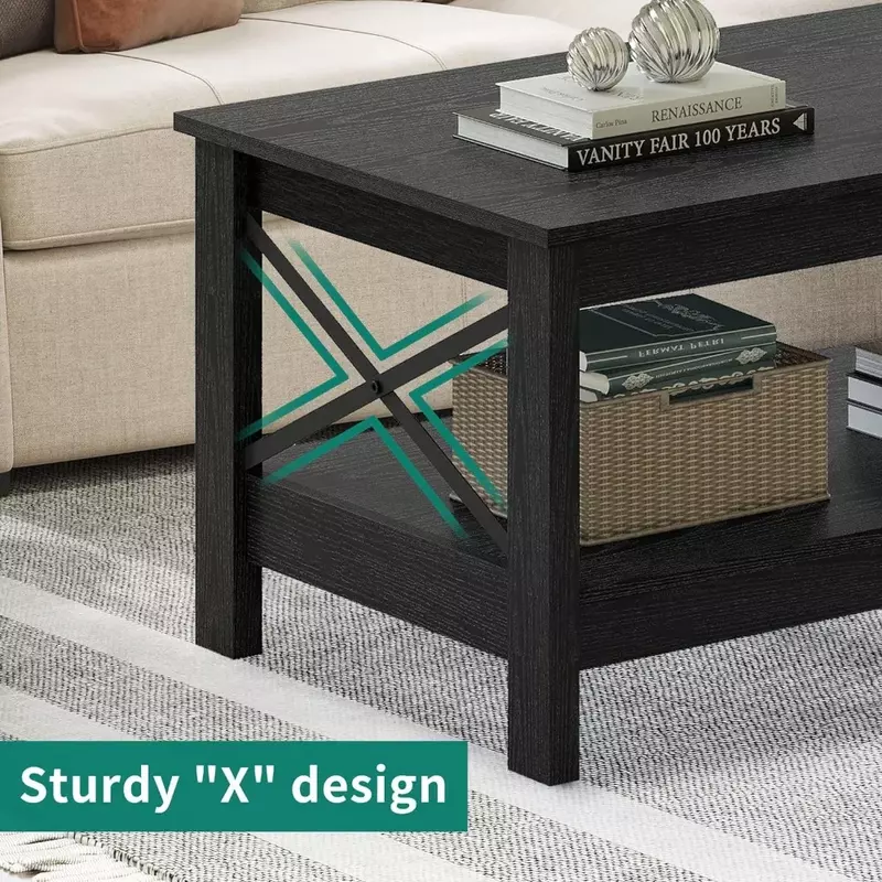 Coffee Table with Storage for Living Room,Modern Industrial Coffees Tables with 2-Tier Thicker Legs, with Sturdy Frame,Black