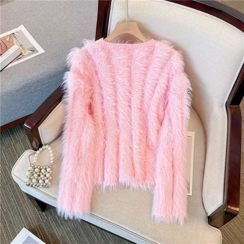 Jersey de lana para mujer, suéter grueso de estilo perezoso, top corto de visón de pelo largo informal, moda de invierno