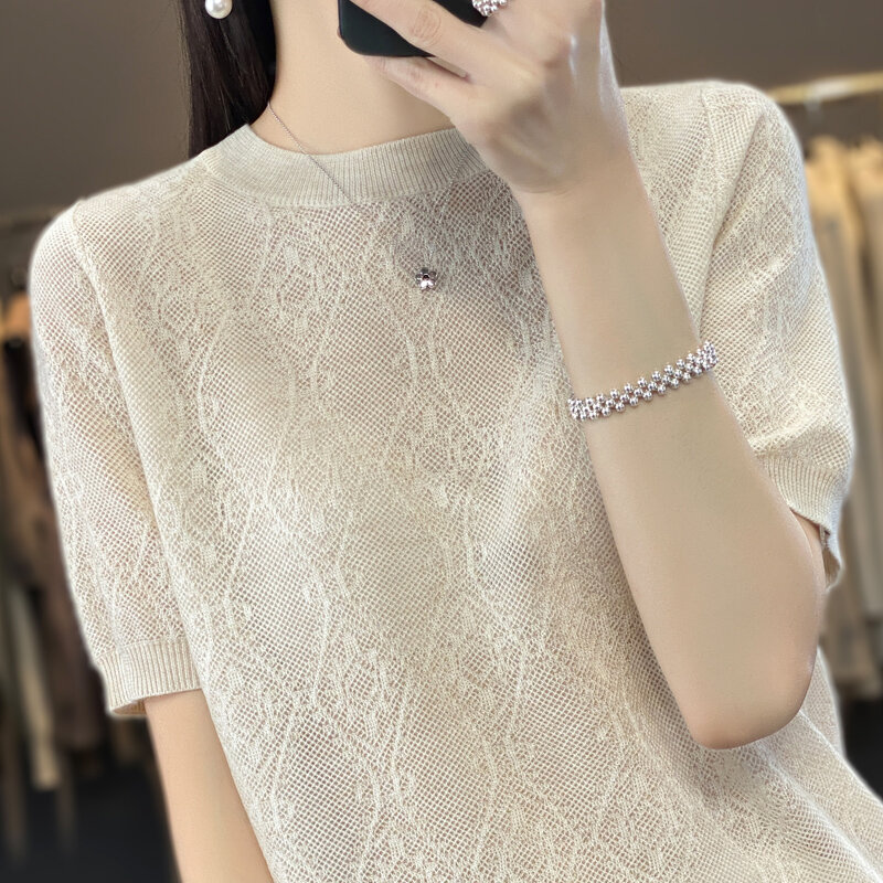 23Summer new 100% wool worsted women's short-sleeved heavy industry exquisite pattern women's bottoming crocheted sweater thin