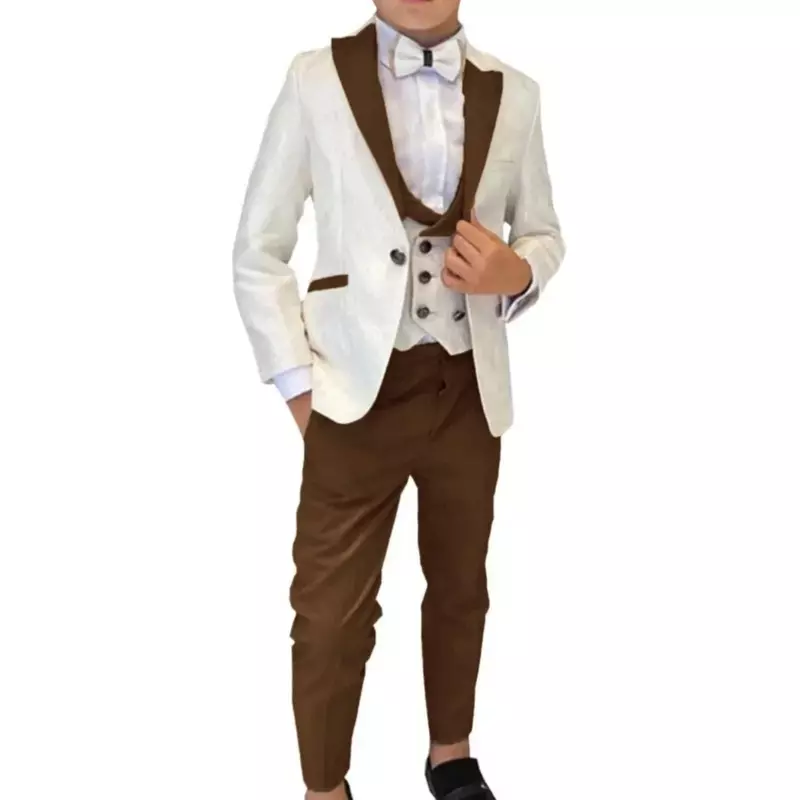 Boy Suits Costume Child Ivory Jacquard Jacket Sets Flower Boys Formal Party Suit Kids Wedding Suits Tuxedo (jacket+vest+pants)
