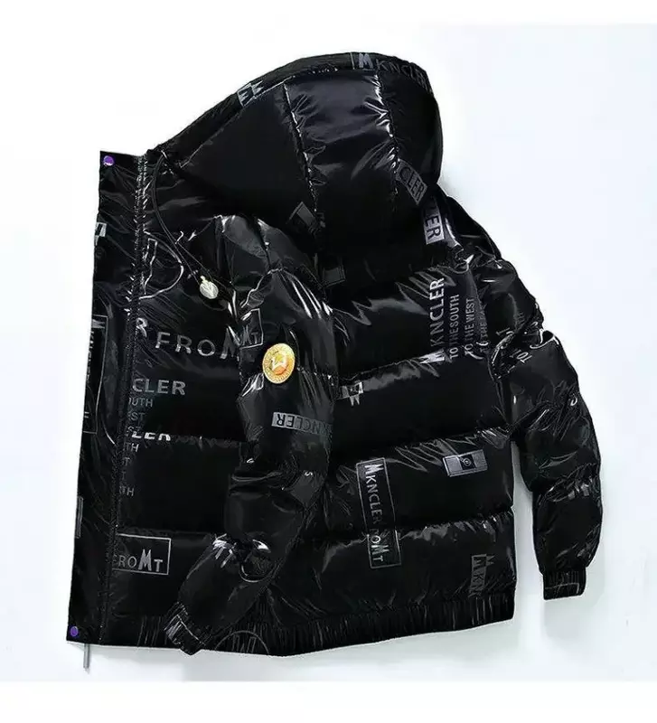 Thick Warm Unisex Puffer Jacket - Men’s Short Hooded Coat, Trendy Brand Print, Ideal Winter Wear for Couples