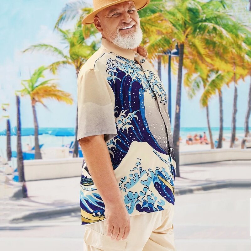 New Retro Men's Shirt 3d Wave Print Hawaiian Shirts For Men Summer Casual Short Sleeved Shirt Loose Oversized Man Clothing Tops