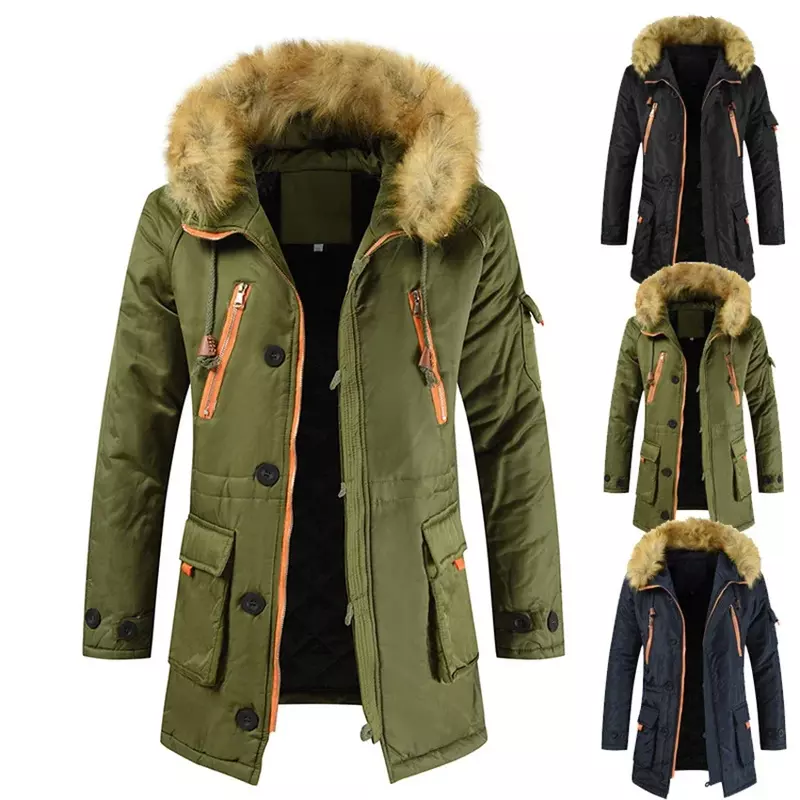 メンズ中ロング厚手のパーカーコート、暖かい冬のジャケット、スノージャケット、長袖服