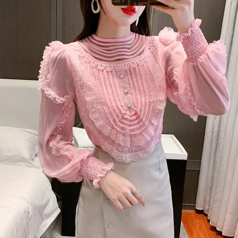 Blusa de manga comprida feminina blusa de moda verano elegantes camisas primavera e verão rendas babados versão coreana