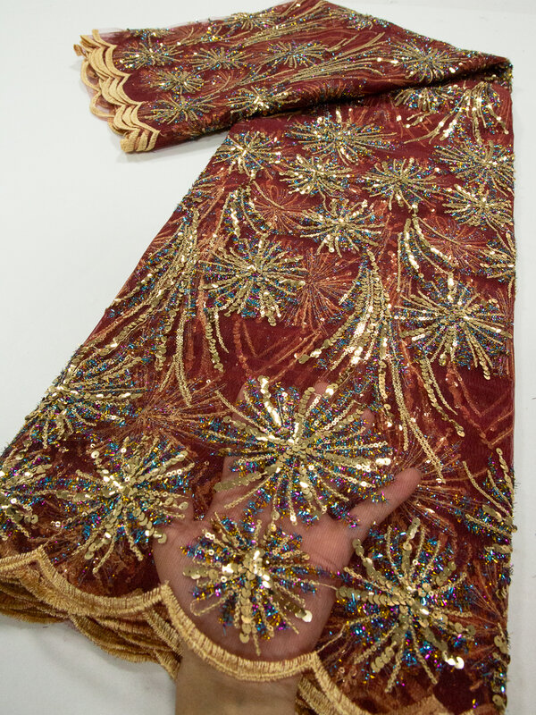 Tela de encaje de tul con lentejuelas africanas para mujer, encaje francés de alta calidad, encaje de red con cuentas de lujo Nigeriano para vestidos de novia, TY3810, 2024
