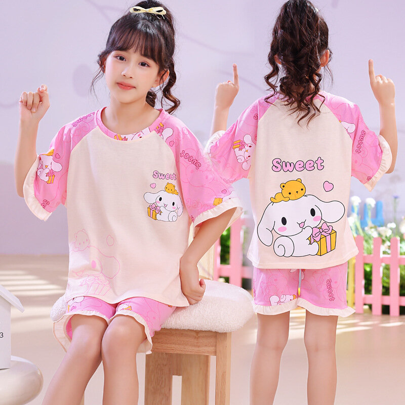 Conjuntos de pijama miniso infantil, pijamas de algodão feminino, Cinnamoroll Kuromi Pochacco curto, fofo, verão, presente para crianças, 2024