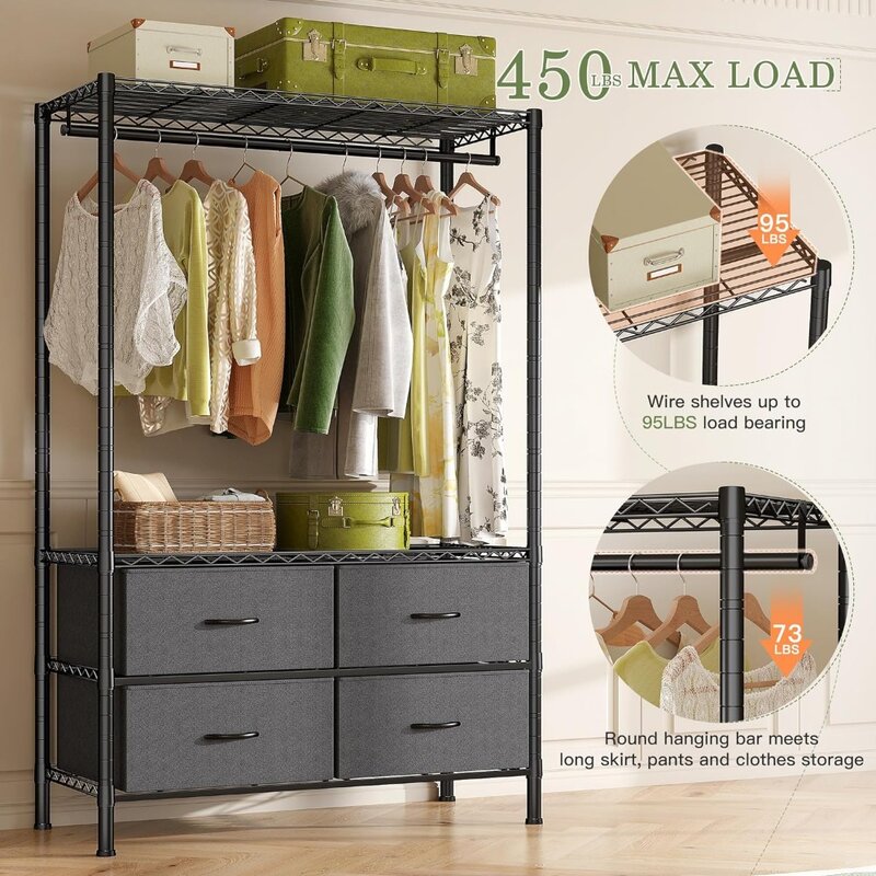 Clothing Rack Garment Rack Closet Rack with Drawers Heavy Duty Clothes Racks for Hanging Clothes, DIY Portable Black Wardrobe