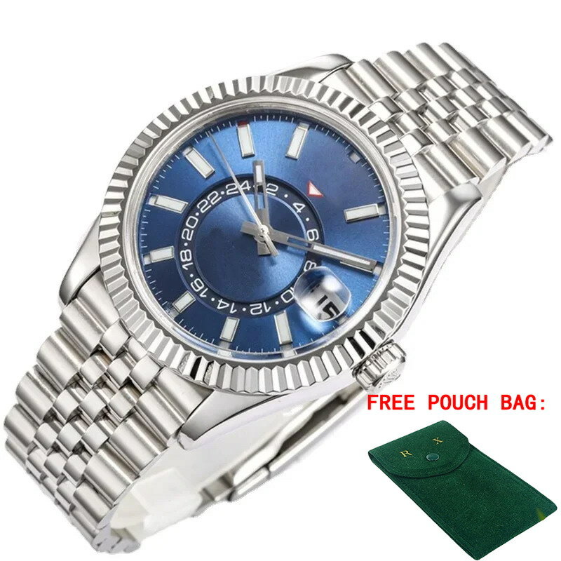 Relógio mecânico automático masculino, aço inoxidável, safira, preto, azul, céu, ouro, relógio de pulso Dual Time Dweller, luxo, novo