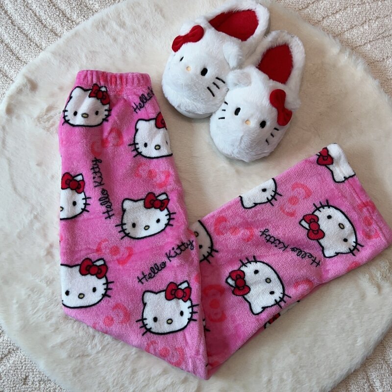 Kawaii Sanrio Hellokitty Cartoon Pajama Trousers Y2K Women Fall/winter Fluffy Warm Granny Trousers Fashion Loose Pyjama Trousers