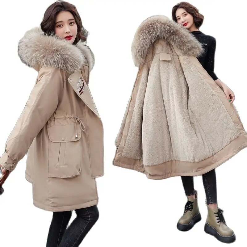 Jaqueta de algodão de comprimento médio para mulheres, sobretudo bordado, outwear solto, colarinho de pele grande, casaco estilo parkas, inverno