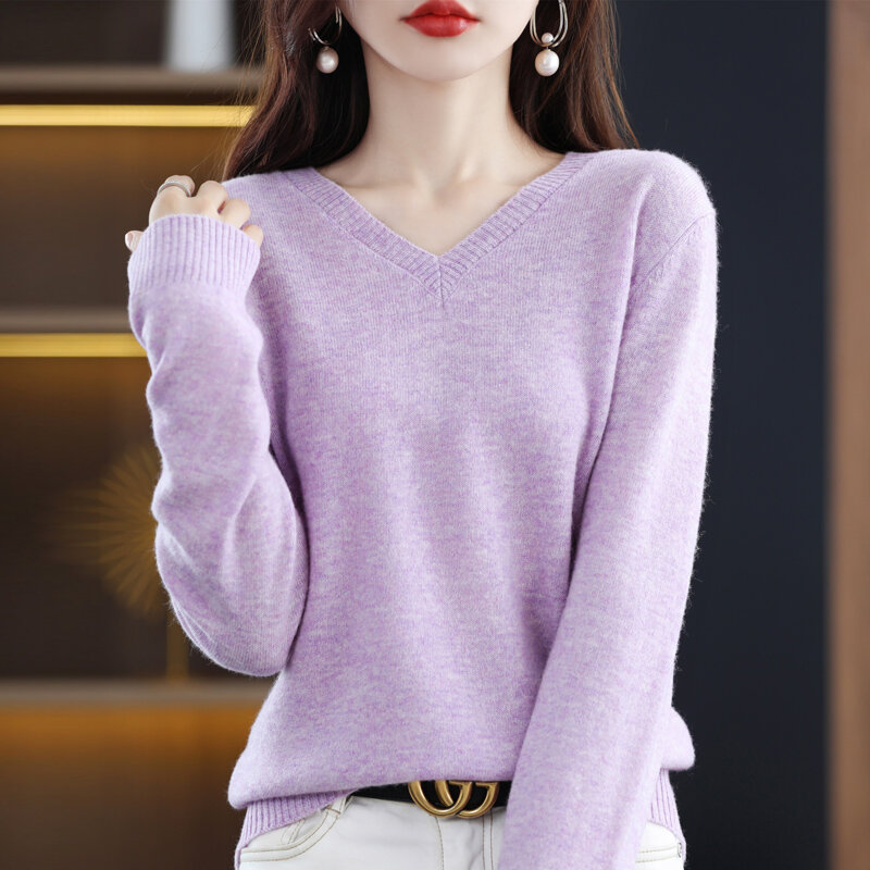 Женский яркий мягкий восковой теплый пуловер с V-образным вырезом на весну и осень, свободный облегающий универсальный модный вязаный свитер с длинным рукавом