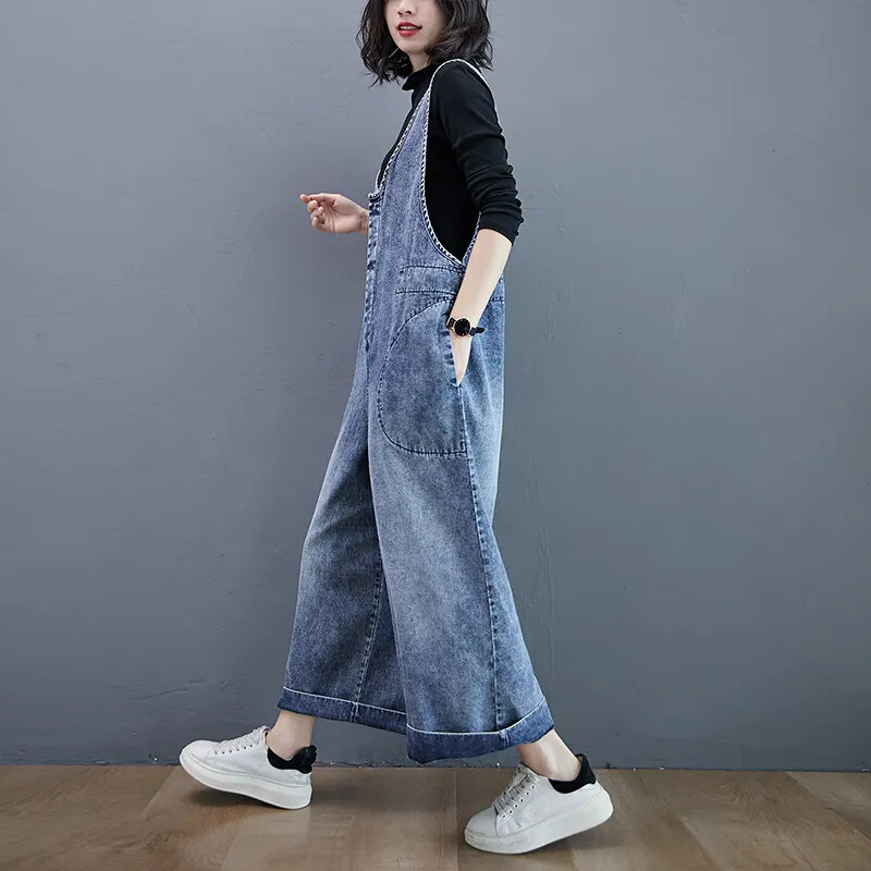 Celana tali Denim untuk wanita Streetwear 2024 musim semi/musim panas longgar kaki lebar Jeans panjang Fashion kasual siswa Denim Jumpsuit